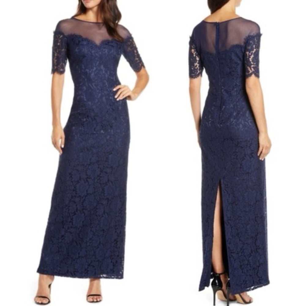 Eliza J Illusion Top Lace Evening Gown Navy Blue Dress Size 8